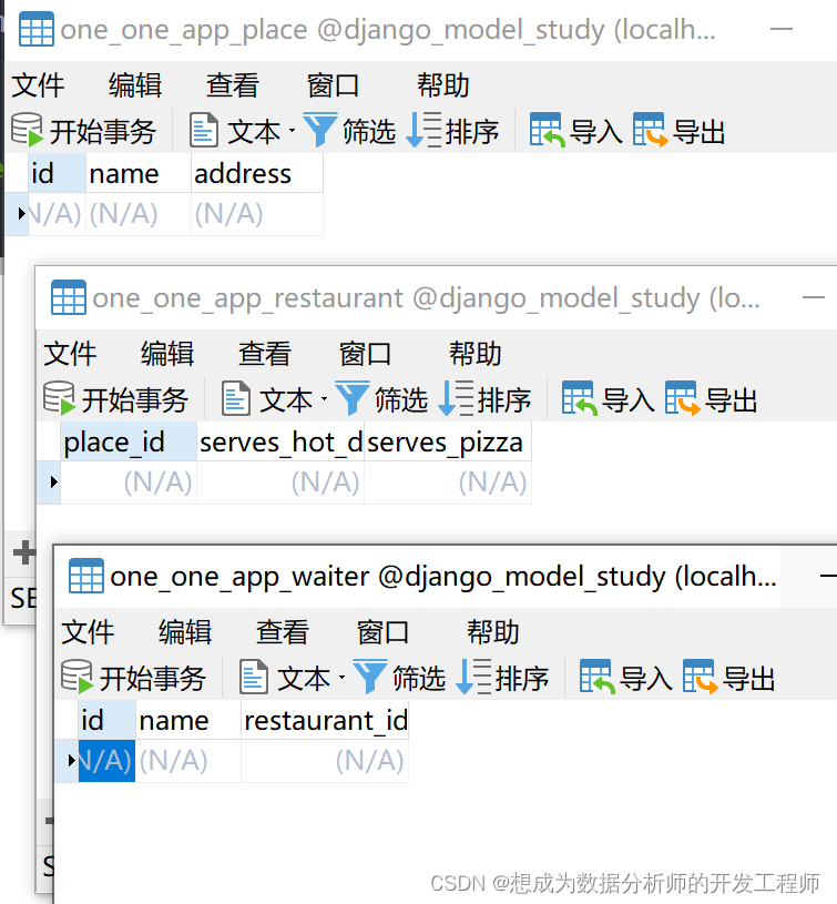 from django.db import models
from django.db.models import CharField,CASCADE,Model
# Create your models here.
class Place(models.Model):name = models.CharField(max_length=50)address = models.CharField(max_length=100)# python内置函数,自动调用,为了后续查询数据时输出def __str__(self) -> str:return "%s the place" % self.nameclass Restaurant(Model):# 建立一对一关系place = models.OneToOneField(Place, on_delete=CASCADE, primary_key=True)# BolleanField 在数据库中使用tinyint类型serves_hot_dogs = models.BooleanField(default=False)serves_pizza = models.BooleanField(default=False)def __str__(self) -> str:return "%s the restaurant" % self.place.nameclass Waiter(Model):restaurant = models.ForeignKey(Restaurant, on_delete=CASCADE)name = CharField(max_length=150)def __str__(self) -> str:return "%s the waiter at %s" % (self.name, self.restaurant)
![在这里插入图片描述