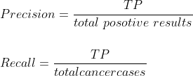 \\Precision=\frac{TP}{total\ posotive\ results}\\ \\ \\ Recall = \frac{TP}{total cancer cases}