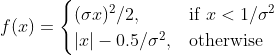 f(x) = \begin{cases} (\sigma x)^2/2,& \text{if }x < 1/\sigma^2\\ |x|-0.5/\sigma^2,& \text{otherwise} \end{cases}