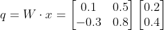 q = W \cdot x = \begin{bmatrix} 0.1 & 0.5\\ -0.3 & 0.8 \end{bmatrix} \begin{bmatrix} 0.2\\ 0.4 \end{bmatrix}