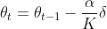 \theta _{t}=\theta _{t-1}-\frac{\alpha }{K}\delta